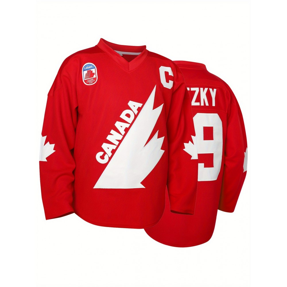 1pc Canada Hockey Jersey, Men's Long Sleeve V-Neck Polyester Pullover with Letter & Number, Loose Fit Sports Top for Training, Casual & Team Sports - Red & White, Sizes S-3XL, Athletic Clothing|Patriotic Design|Durable Wear