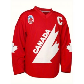 1pc Canada Hockey Jersey, Men's Long Sleeve V-Neck Polyester Pullover with Letter & Number, Loose Fit Sports Top for Training, Casual & Team Sports - Red & White, Sizes S-3XL, Athletic Clothing|Patriotic Design|Durable Wear
