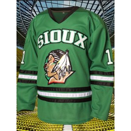 Men's #11 Green Ice Hockey Sweatshirt - Loose Fit, Embroidered Long Sleeves, Breathable Polyester, V-Neck, All-Season Sportswear for Training and Casual Wear, Size S-XXXL