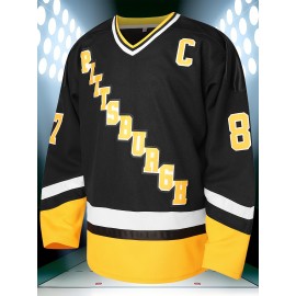 Men's #87 Black & Yellow Ice Hockey Jersey - Embroidered, Breathable Polyester, V-Neck Captain's Sweatshirt for Sports, Casual Streetwear, Machine Washable