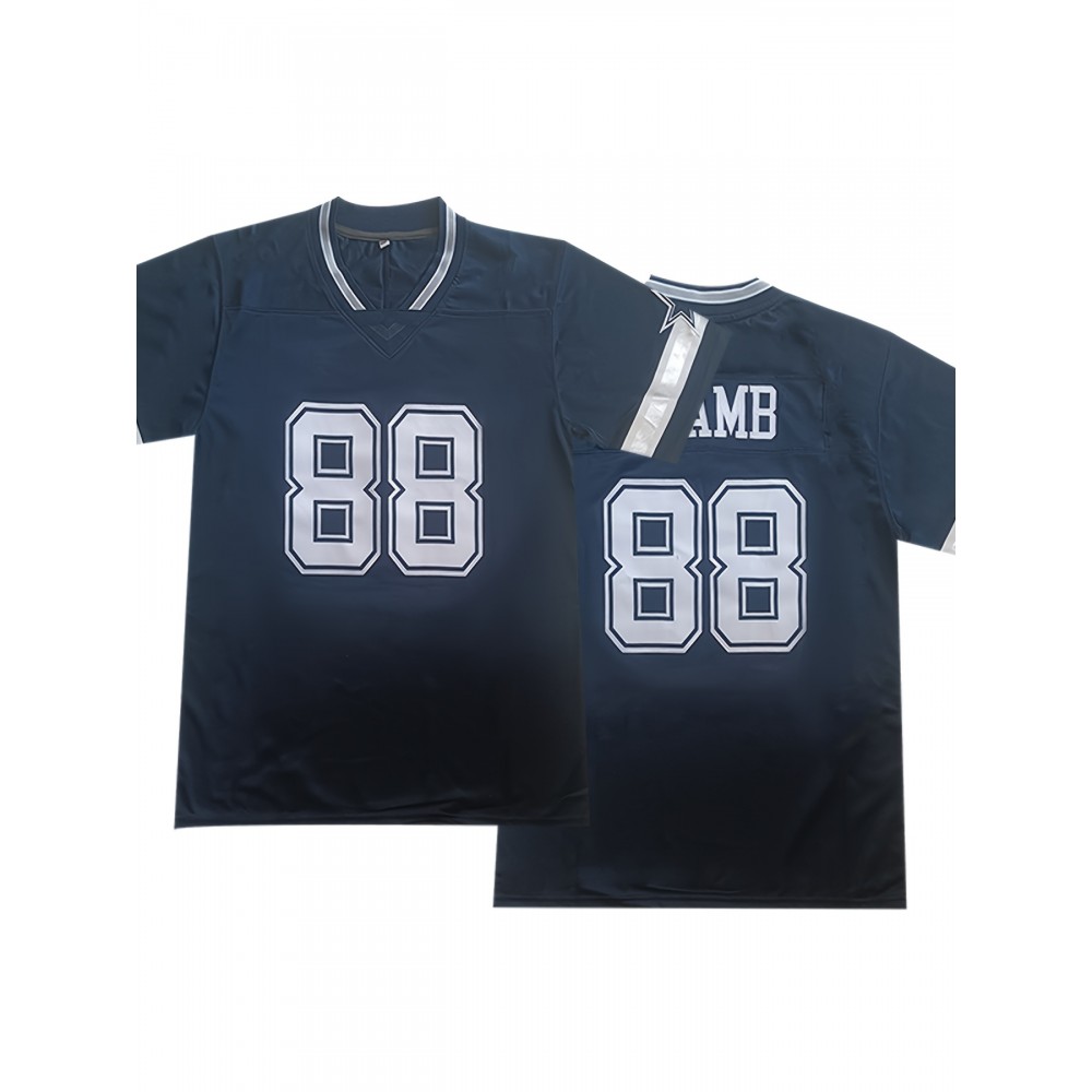 Men'S #88 Blue Breathable Rugby Jersey - V-Neck, Short Sleeve, Classic Embroidered American Football Shirt for Training & Sports