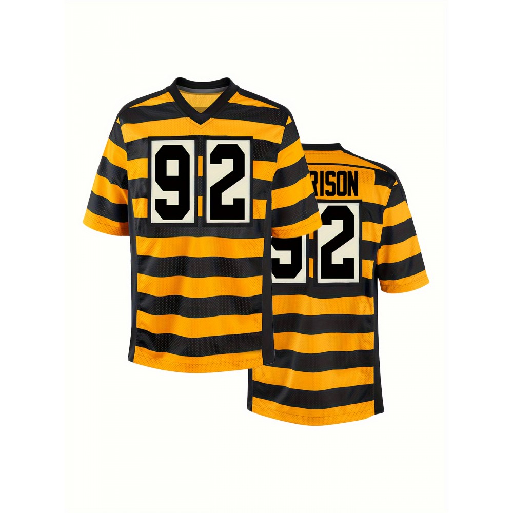 Men'S Yellow #92 Rugby Shirt, Breathable V-Neck Short Sleeve Training Top, Classic Embroidered American Football Jersey, Polyester Knit, Sports Casual, Running, Training, Hiking, Outdoor, Party, Loose Fit, Adult & Youth Unisex