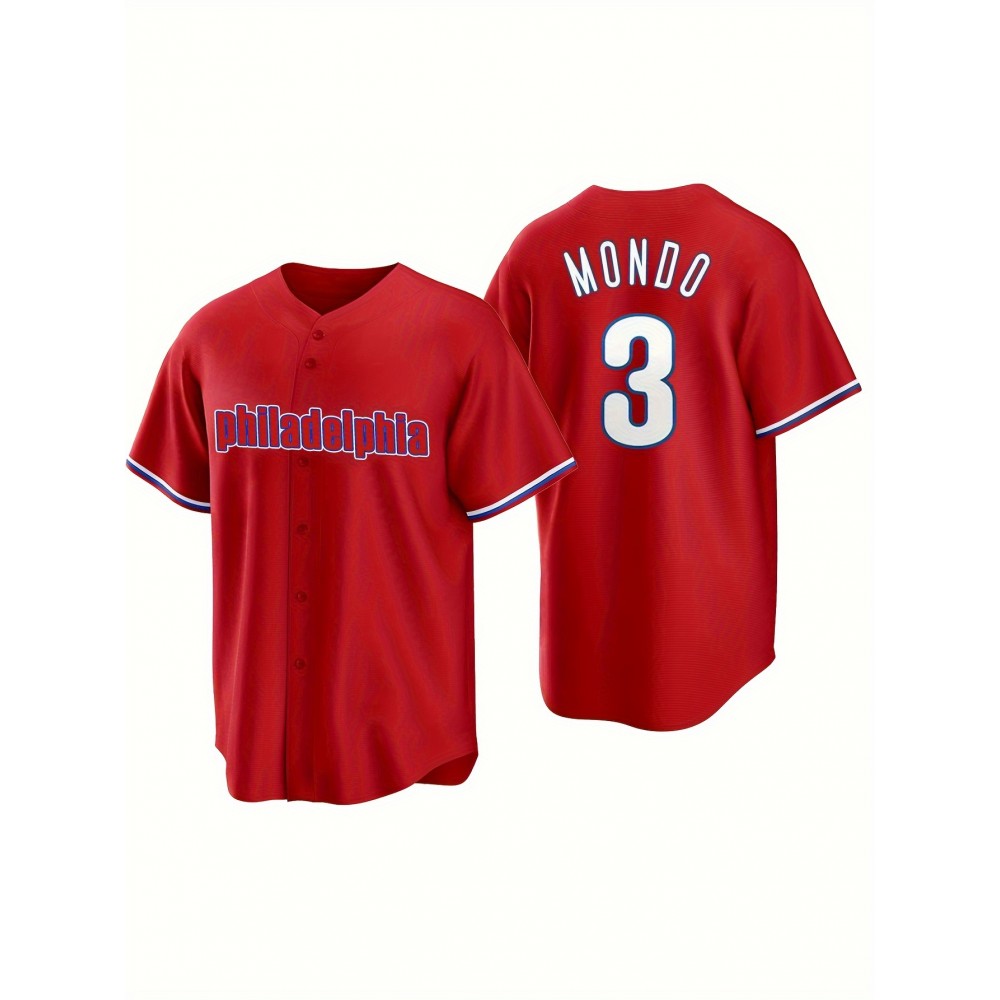 Men'S Retro PHILADELPHIA #3 Embroidery Design Short Sleeve V-neck Loose Button Up Shirt, Men'S Summer Baseball Jersey