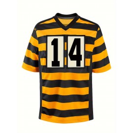 Men's Yellow #14 Rugby Shirt - Breathable V-Neck Short Sleeve with Embroidered Lettering, 100% Polyester Loose Fit Training & Casual Shirt for All Seasons, Outdoor Activities, Parties - Machine Washable