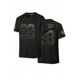 Men's Black #98 Breathable Rugby Jersey - V-Neck Short Sleeve, Classic Embroidered American Football Shirt with Distressed Golden Lettering, Loose Fit for Training, Outdoor Activities & Casual Wear, Durable Sportswear, Athletic Fabric