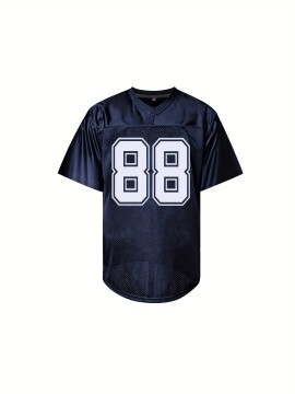 Men's Deep Blue #88 Embroidered Rugby Shirt - Breathable Polyester V-Neck Jersey, Loose Fit Stretch Knit for All-Season Training, Casual & Outdoor Activities - Machine Washable for Adults & Teens, Sports Training Gear, Durable Sports Apparel