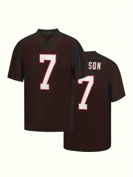 Men's Black #7 Embroidered Rugby Shirt - Breathable 100% Polyester V-Neck Jersey, Loose Fit Athletic Top for Running, Training, Hiking & Outdoor Activities - All-Season Machine Washable Sportswear for Adults & Teens