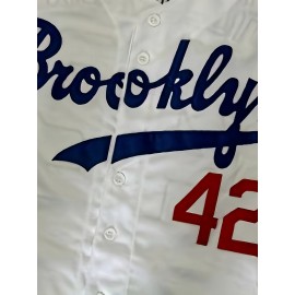 42 White Baseball Jersey Embroidered Men'S Polyester V-neck Button Up Baseball Shirt S-3XL