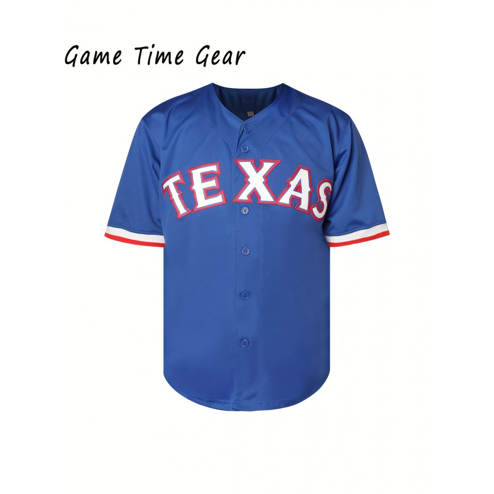 Men'S Blank Blue Embroidered Letter Baseball Jersey - V-neck Elastic Fit Suitable For Casual And Sports Wear S-3XL