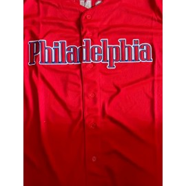 Men's Red #3 Philadelphia Lettered Baseball Jersey - V-Neck Short Sleeve Polyester Shirt, Loose Fit Button-Up for Sports & Casual Wear, Machine Washable, Sizes S-3XL, Outdoor Activity Apparel