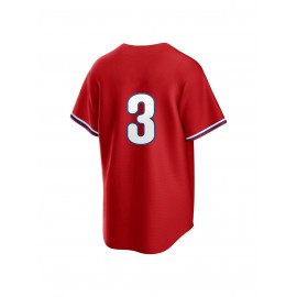 Men's Red #3 Philadelphia Lettered Baseball Jersey - V-Neck Short Sleeve Polyester Shirt, Loose Fit Button-Up for Sports & Casual Wear, Machine Washable, Sizes S-3XL, Outdoor Activity Apparel
