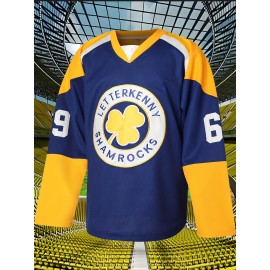1pc Men'S Ice Hockey Jersey - Polyester V-Neck Long Sleeve Top with Embroidered Lettering, Breathable Knit Fabric, Sports & Casual Wear, Sizes S-3XL