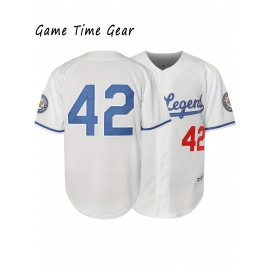 Men'S # 42 Embroidered Polyester Sweatshirt Loose V-neck Button With Slight Elasticity Knitted Fabric Men'S Color Block Design Size S-3XL