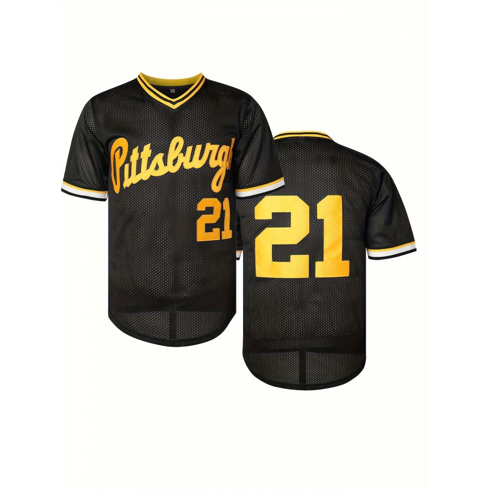 Men'S #21 Black Baseball Jersey - V-Neck, Polyester, Machine Washable - Perfect for Sports & Casual Wear
